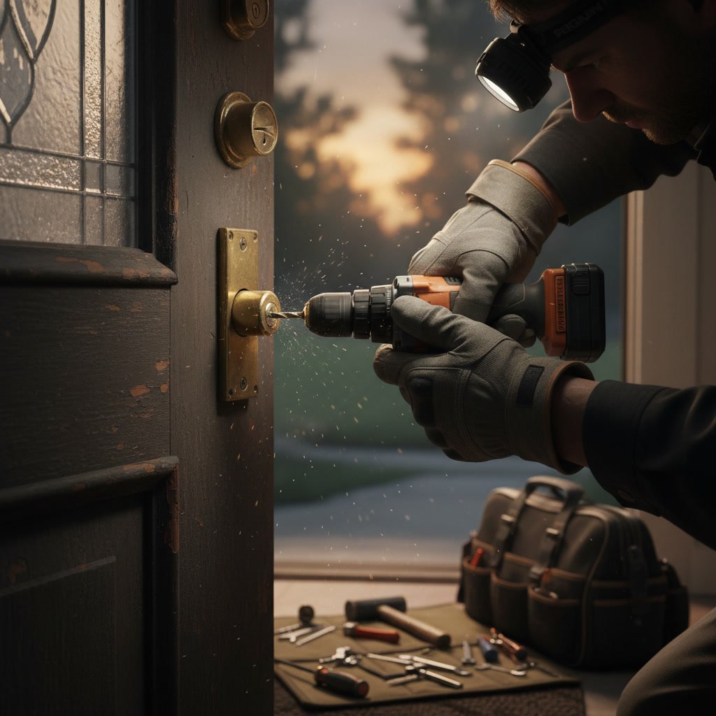 Locksmith technician using professional tools during emergency lockout