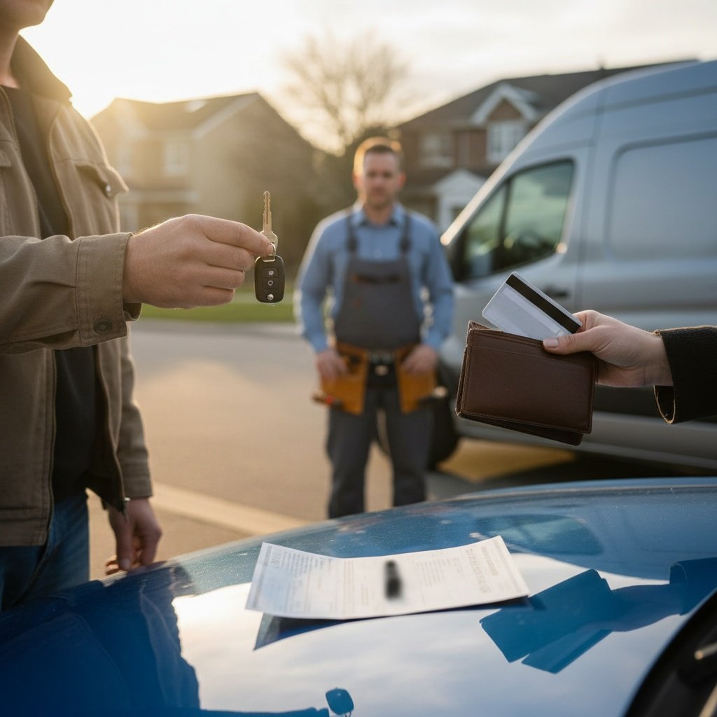 locksmith technician arriving at emergency call with tools and equipment