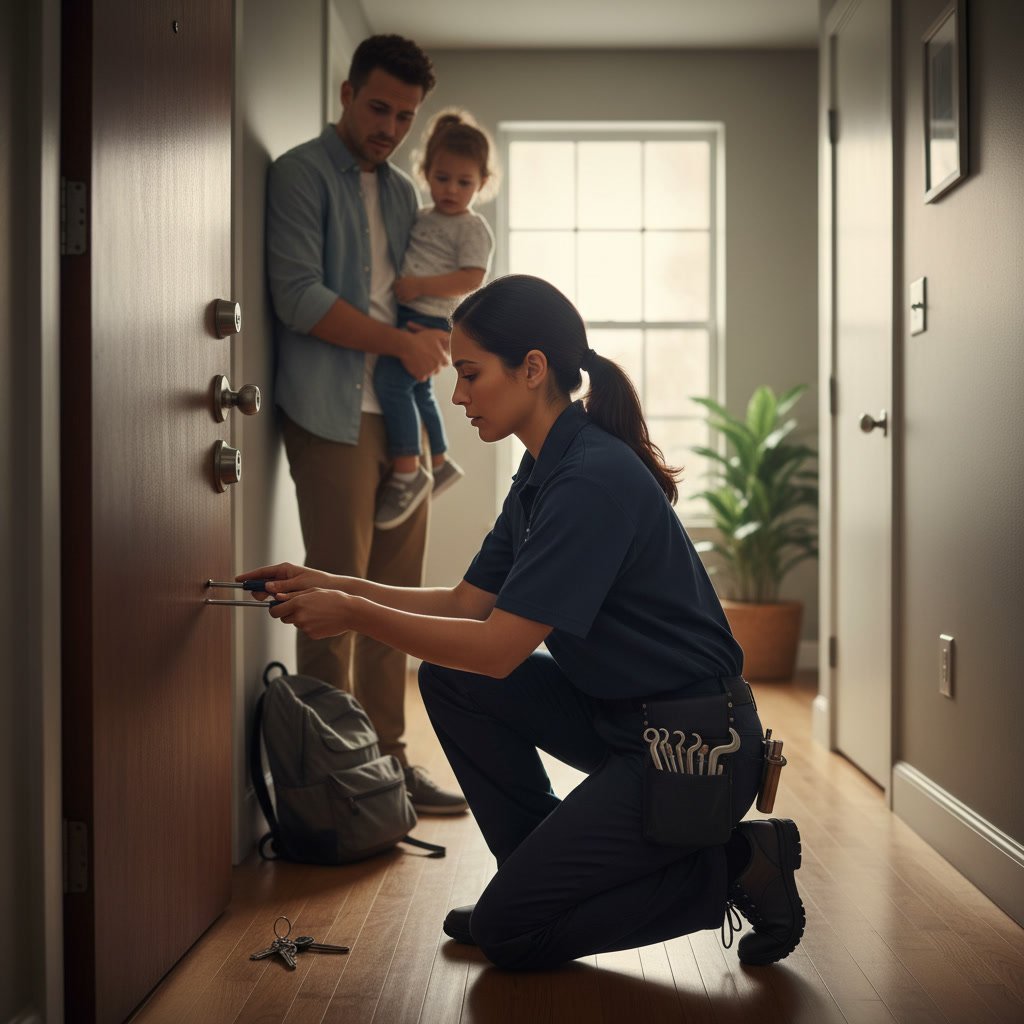 Professional locksmith technician responding to emergency lockout service call