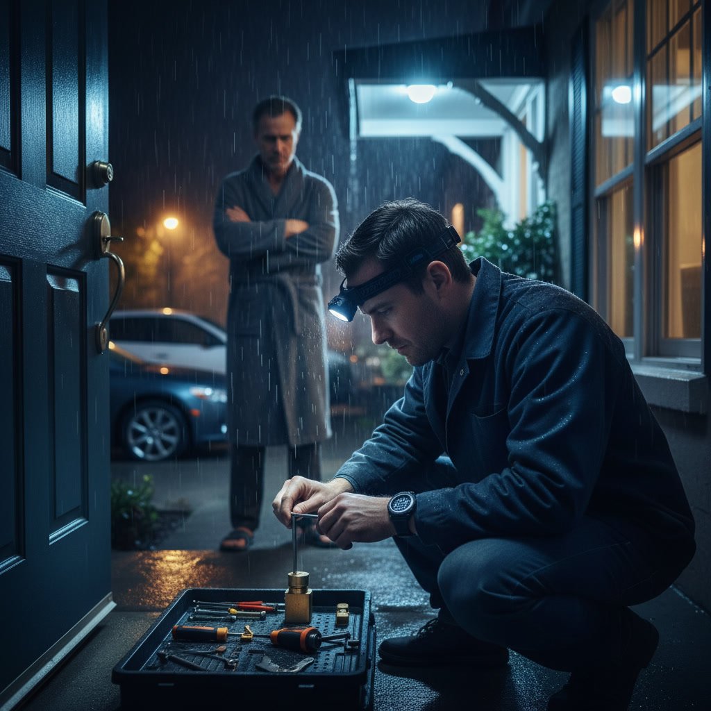 emergency locksmith technician responding quickly to urgent lockout call with service van