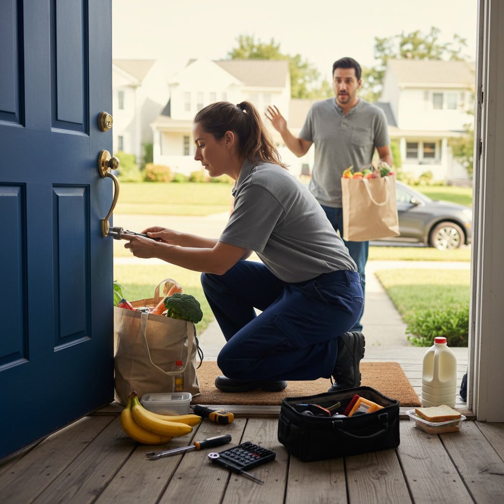 Emergency locksmith arriving quickly to help homeowner locked out with groceries