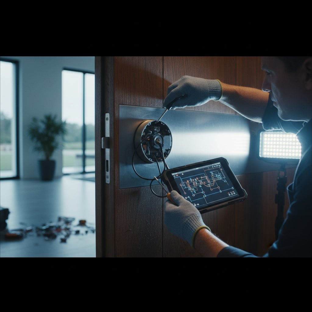 Locksmith technician opening commercial glass door with specialized tools during business lockout