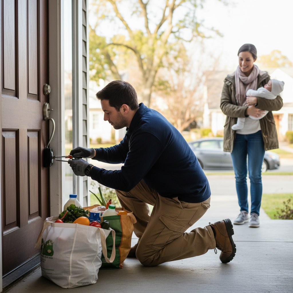 Professional locksmith using non-destructive tools to open residential door quickly
