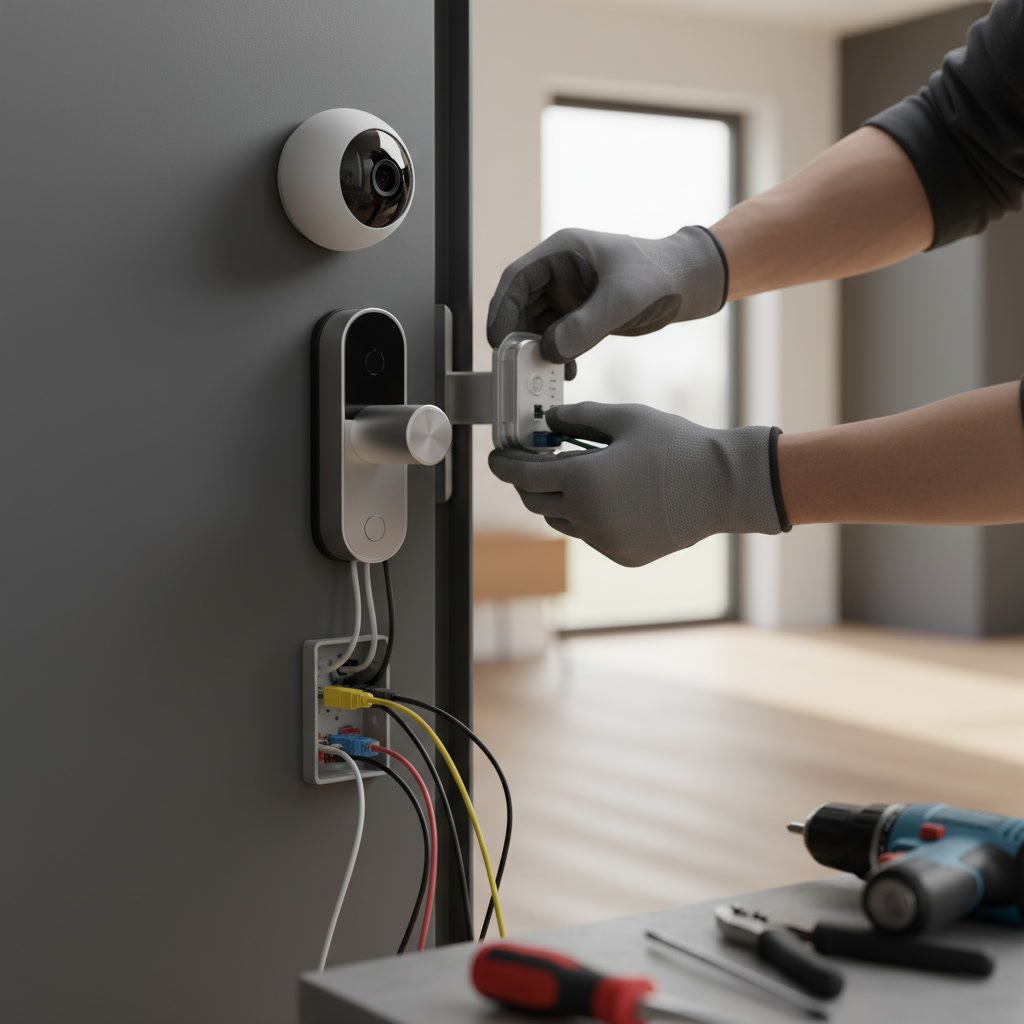Professional installing integrated smart lock and camera system