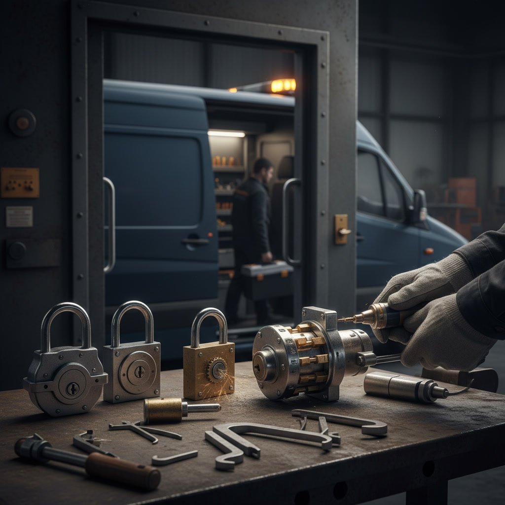 Professional locksmith working on high security lock during emergency lockout service