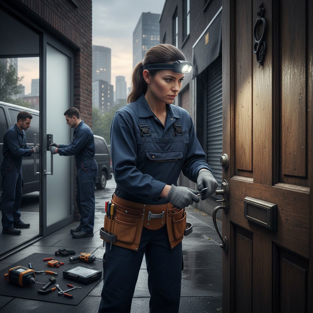 Professional emergency locksmith arriving to handle door lockout with specialized tools and equipment