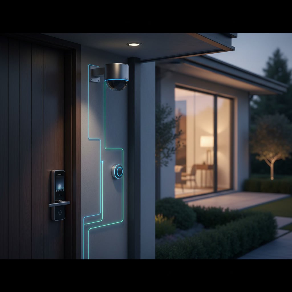 Integrated smart lock and security camera system at residential front door